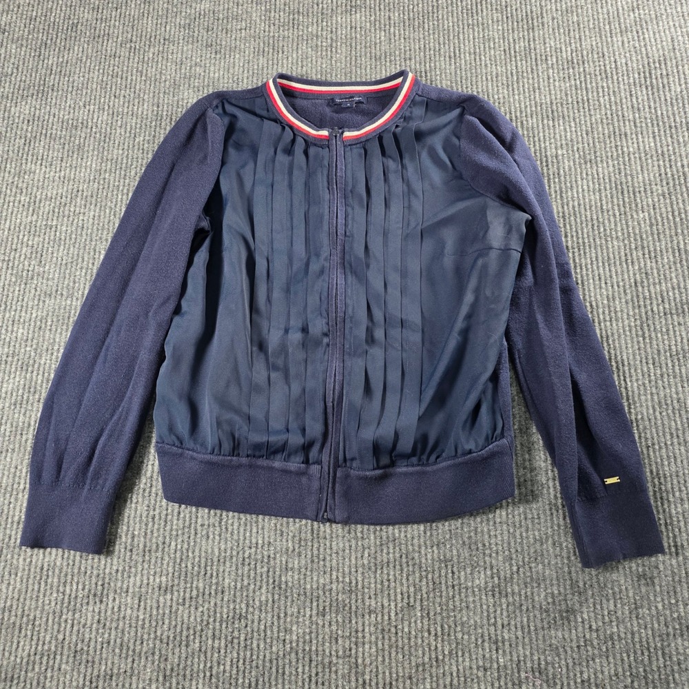 Tommy‎ Hilfiger Womens Navy Blue Pleated Satin Front Zip Up Cardigan Sweater M